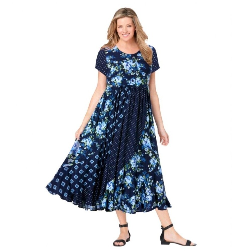 Woman Within Plus Size Mixed Print Maxi Dress 18W Navy Pretty Rose